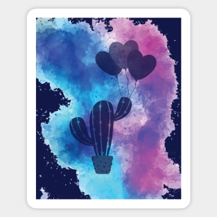 Cactus are my valentine. Heart ballons on watercolor painting Sticker
